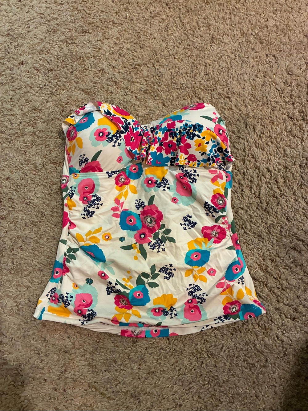 Liz Claiborne Cream Floral Strapless Tankini Top with Pink & Teal Flowers